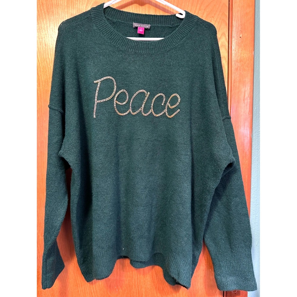 Vince Camuto Peace Beaded Holiday Christmas Green Sweater Large